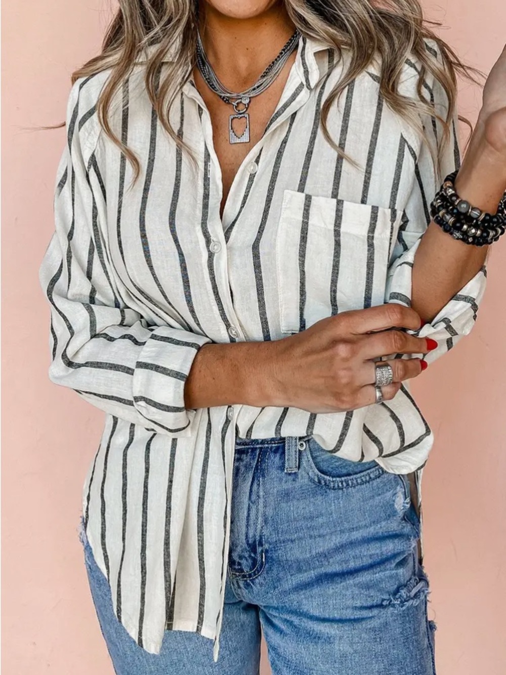 Lightweight Linen-Feel Striped Button-Up Shirt - White with Black Stripes